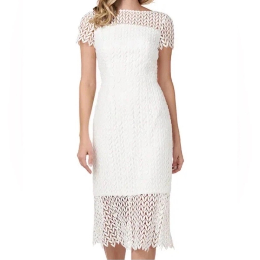 Kay Unger Tatum White Lace Illusion Sheath Midi Dress Size 4 NWT